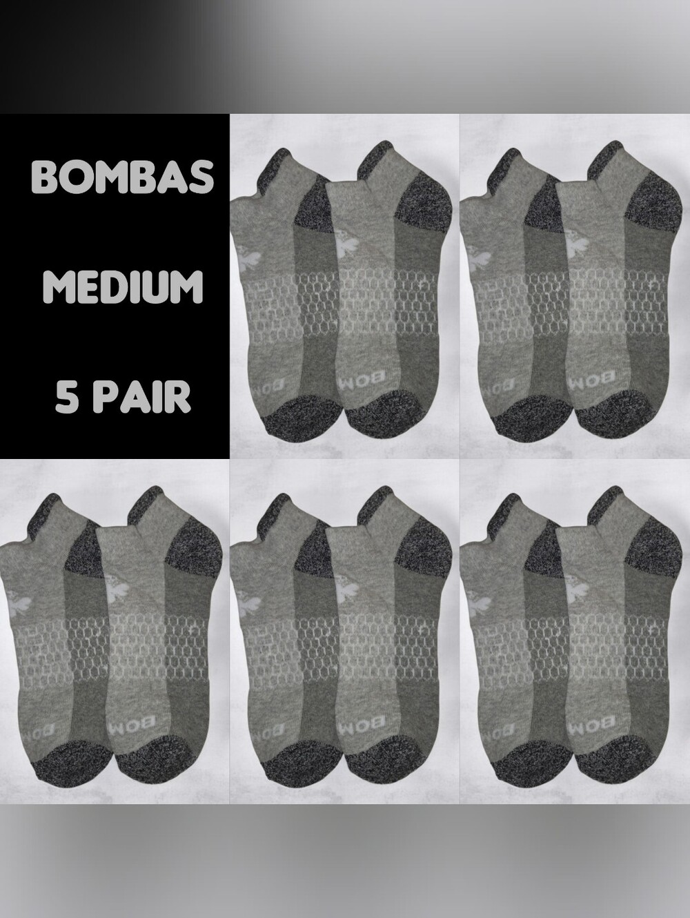 Bombas Medium Ankle Socks Gray Black White 5 Pair BNWT Unisex Honeycomb Arch Sup